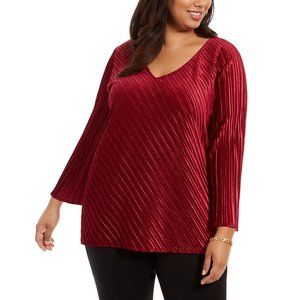 Alfani Womens Red Asymmetrical Ribbed Velvet 3/4 Sleeve V-Neck Top Plus 0X